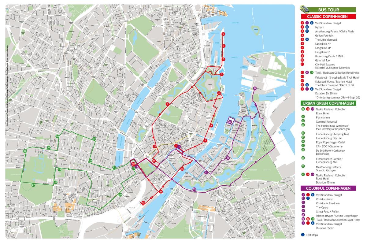 Mappa dei tour in autobus Hop On Hop Off di Copenaghen